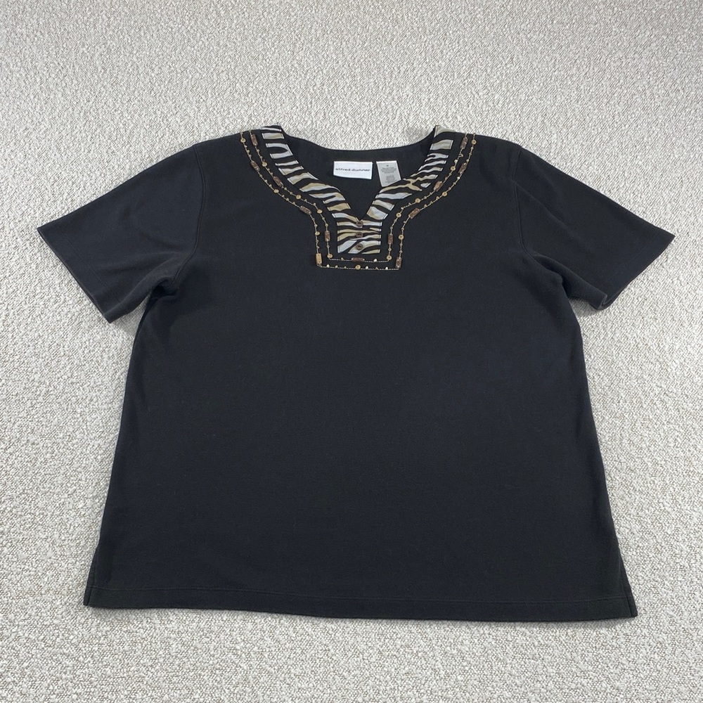Black womans Short Sleeve Top with Zebra Trim medium